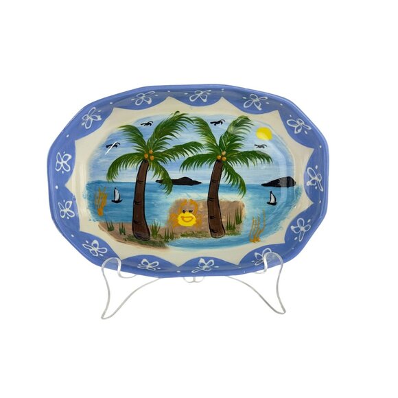 Hand-Painted Ceramic Tropical Jewelry Trinket Dish With Palm Trees & Ocean Scene - Picture 7 of 14